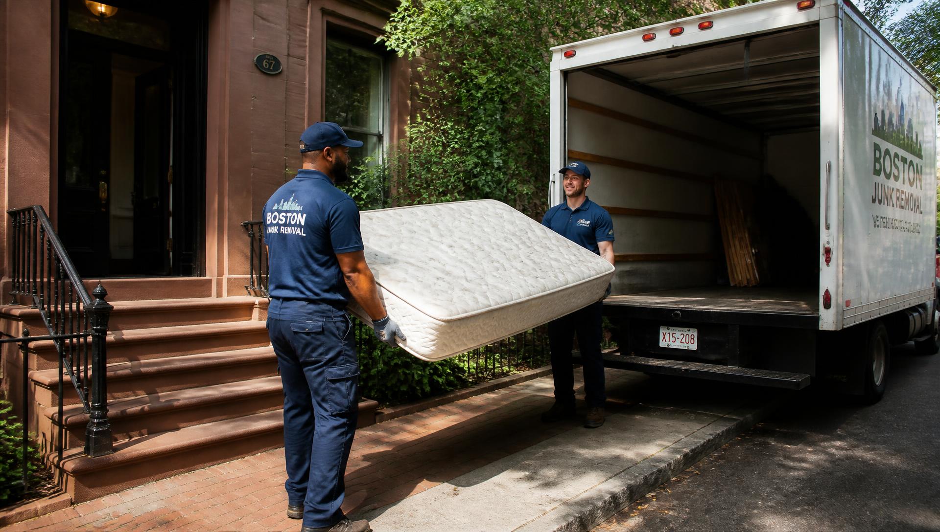 Crew carrying an old mattress from a Boston home into a removal truck